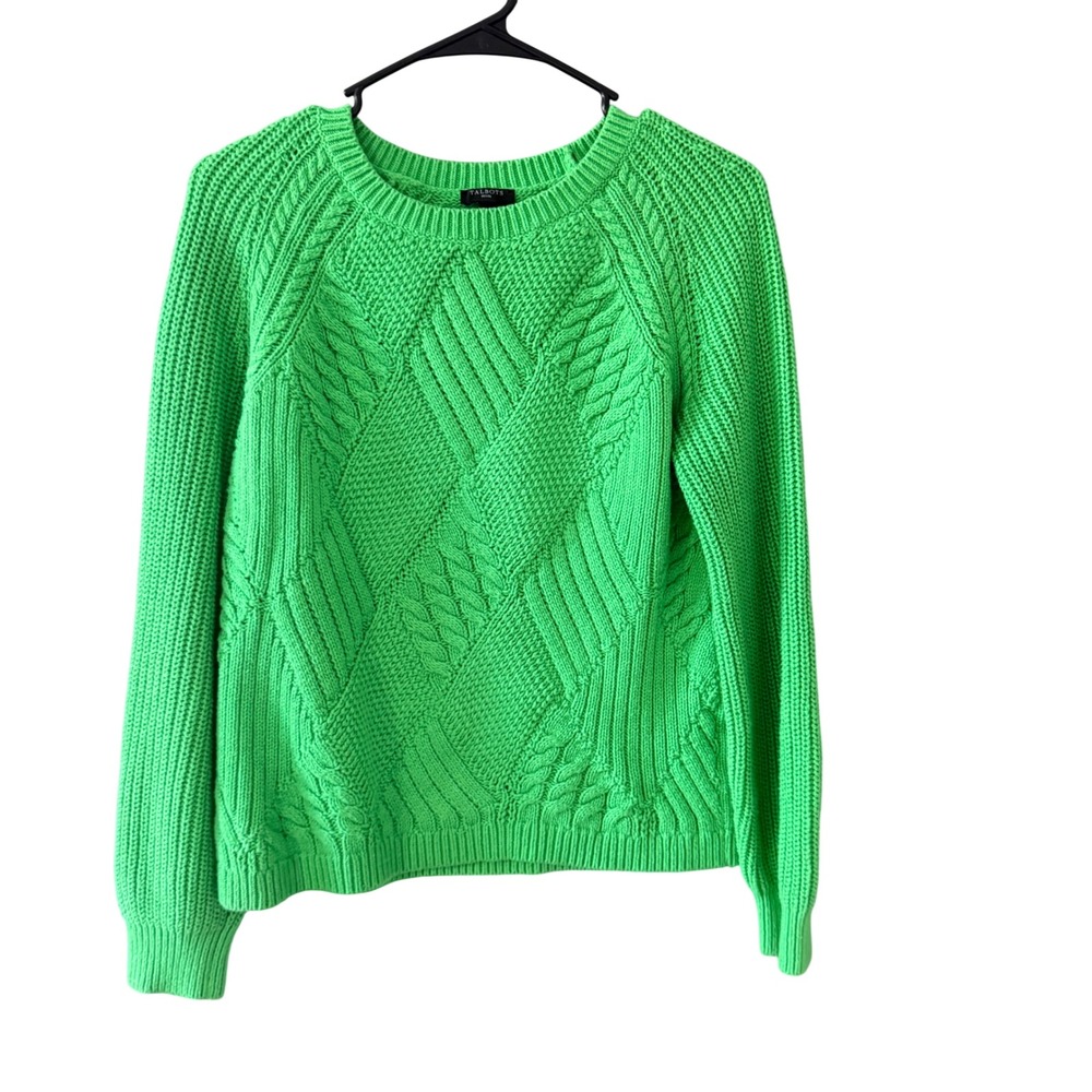 Talbots Petite Small Kelly Green Cable Knit Sweater Diamond Crewneck Preppy